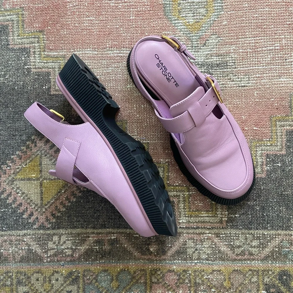 Charlotte Stone Aubrey Violet Leather Slingback Mules with Gold Buckles - Picture 3 of 5